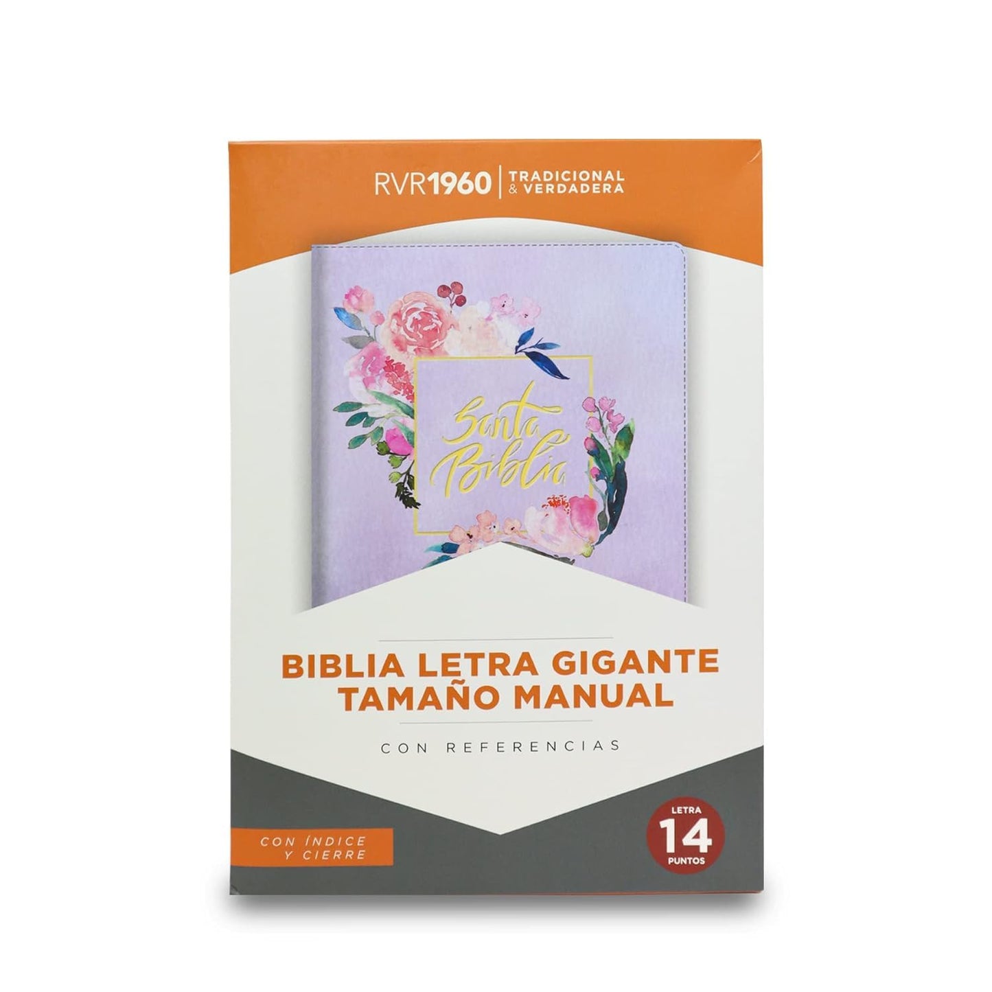 Biblia Letra Gigante para Mujer Manual 14 puntos con cierre RV1960 violeta floral con indice