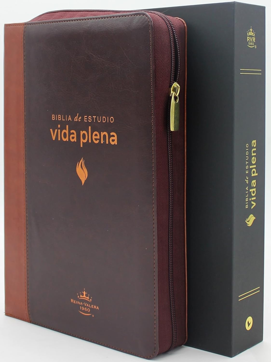 Biblia de Estudio Vida Plena Reina Valera 1960 Con Indice y Cierre- Color Cafe Claro con Caoba Estuche de Lujo