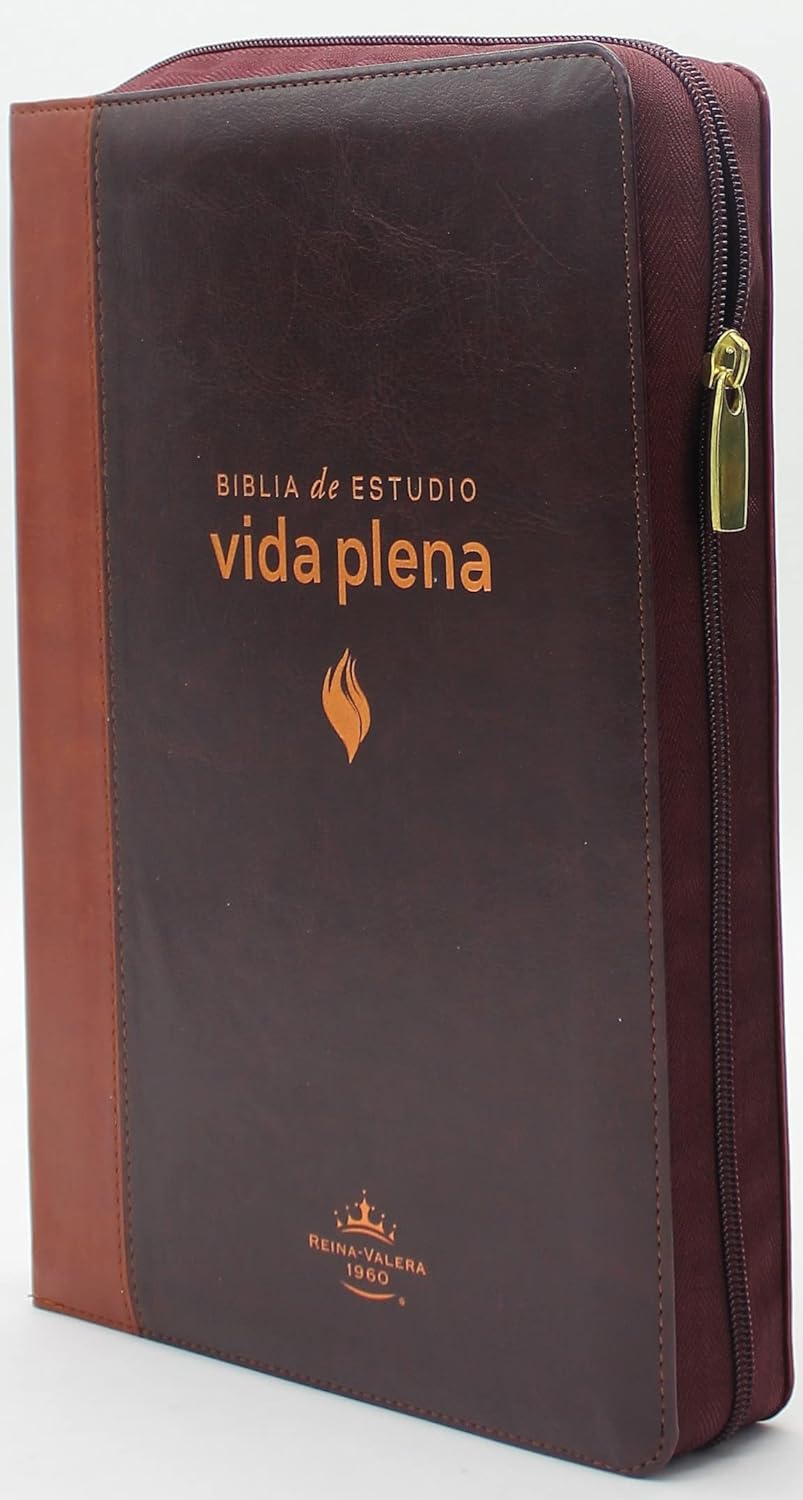 Biblia de Estudio Vida Plena Reina Valera 1960 Con Indice y Cierre- Color Cafe Claro con Caoba Estuche de Lujo