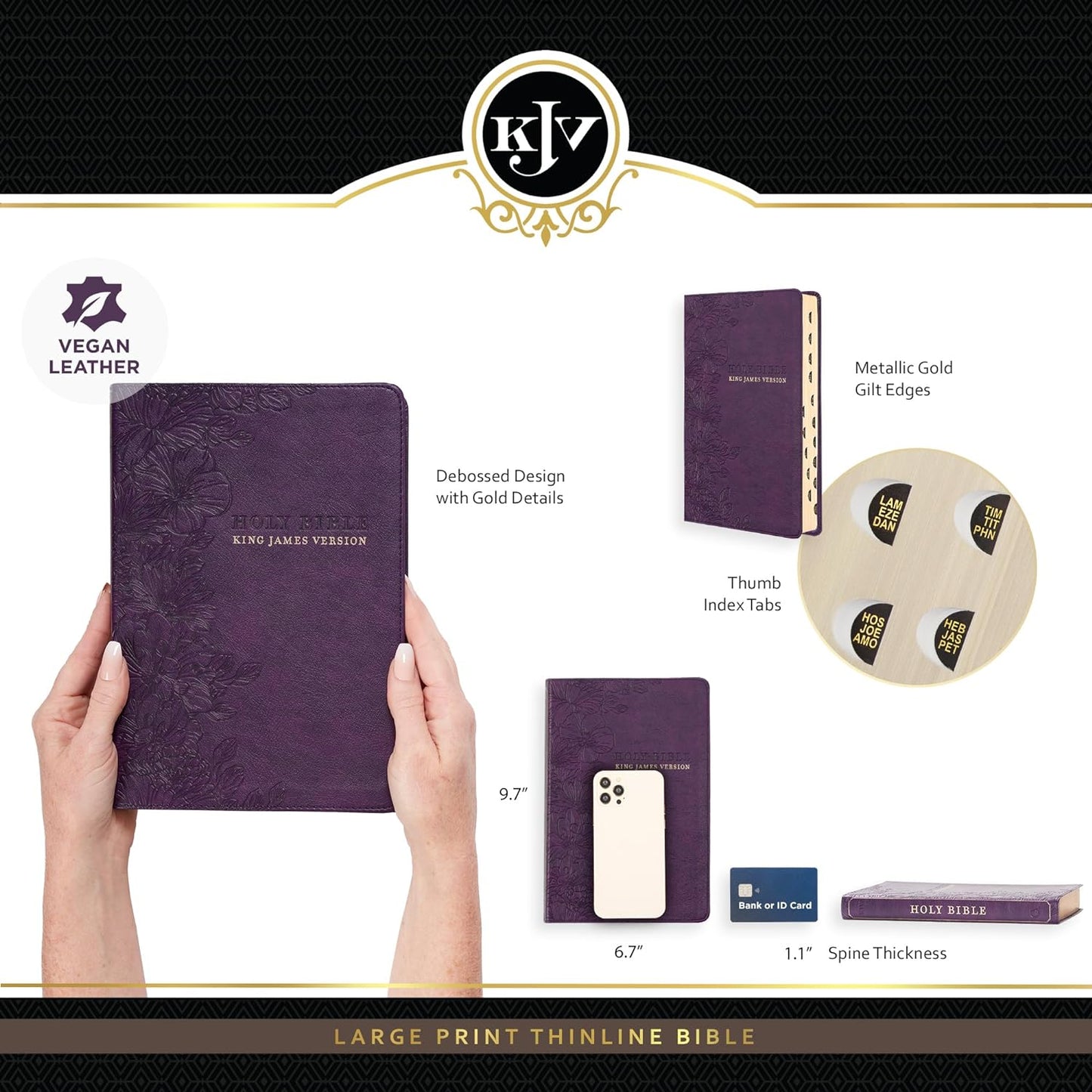 KJV Large-Print Thinline Bible--soft leather-look, purple floral