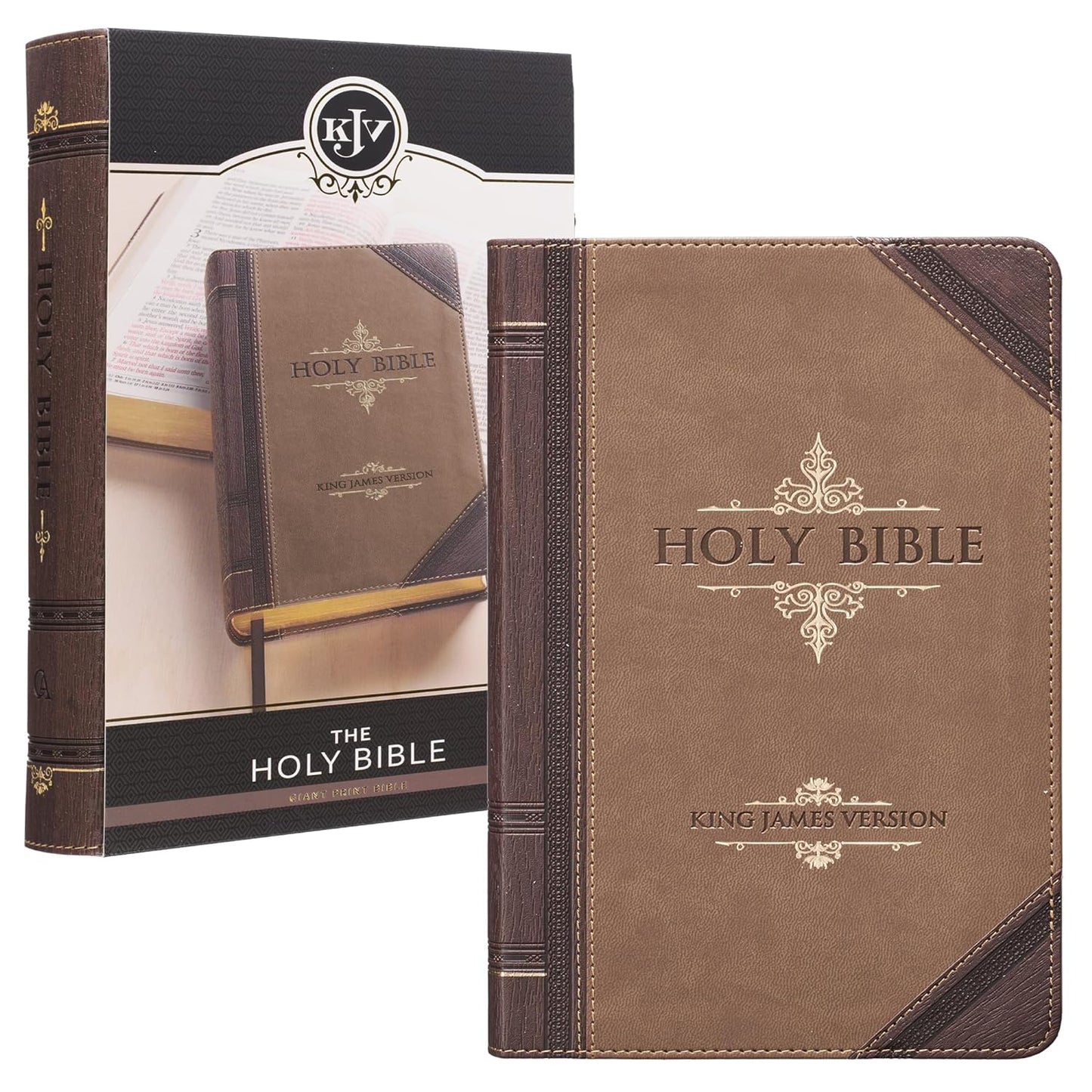 KJV Holy Bible, Giant Print Standard Size Faux Leather Red Letter Edition - Ribbon Marker, King James Version, Brown Two-tone