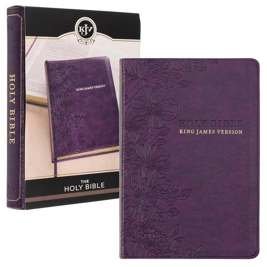 KJV Large-Print Thinline Bible--soft leather-look, purple floral