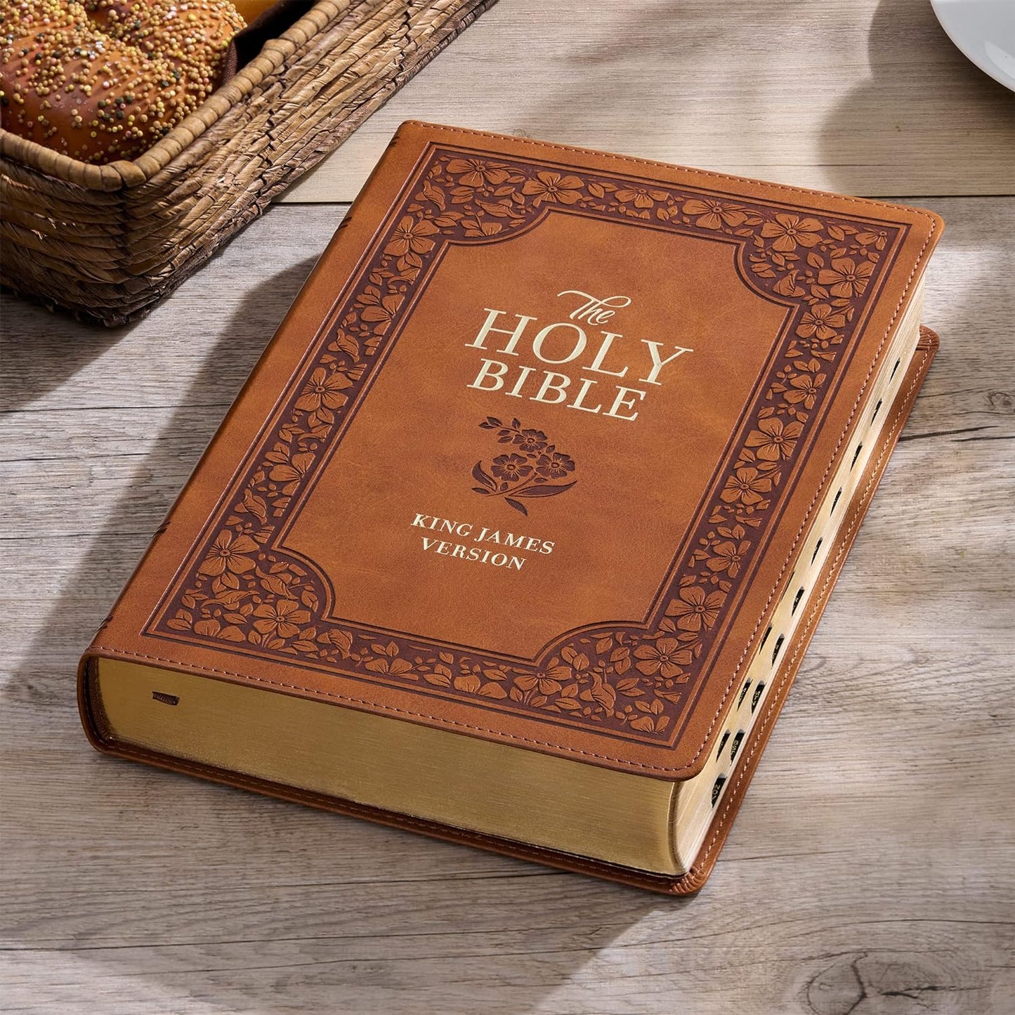 KJV Holy Bible, Giant Print Full-size Faux Leather Red Letter Edition - Thumb Index & Ribbon Marker, King James Version, Saddle Tan Floral