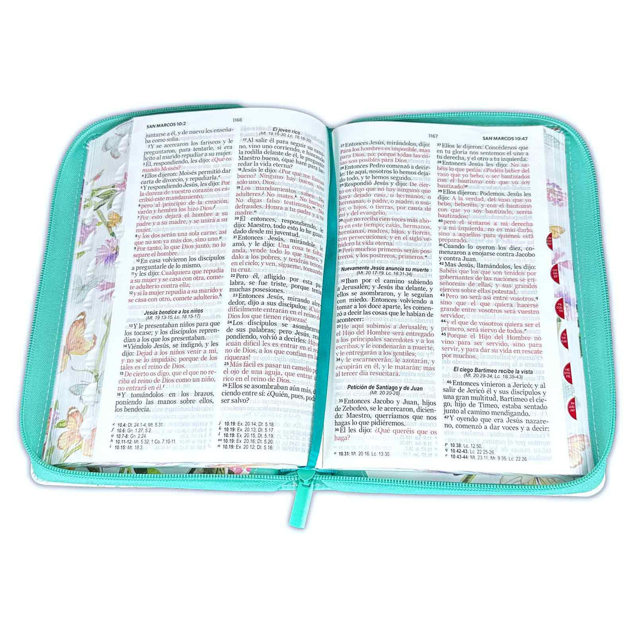 Biblia con Cierre  RV1960 imit. piel floral/mariposas turquesa con índice y canto floral, Grande