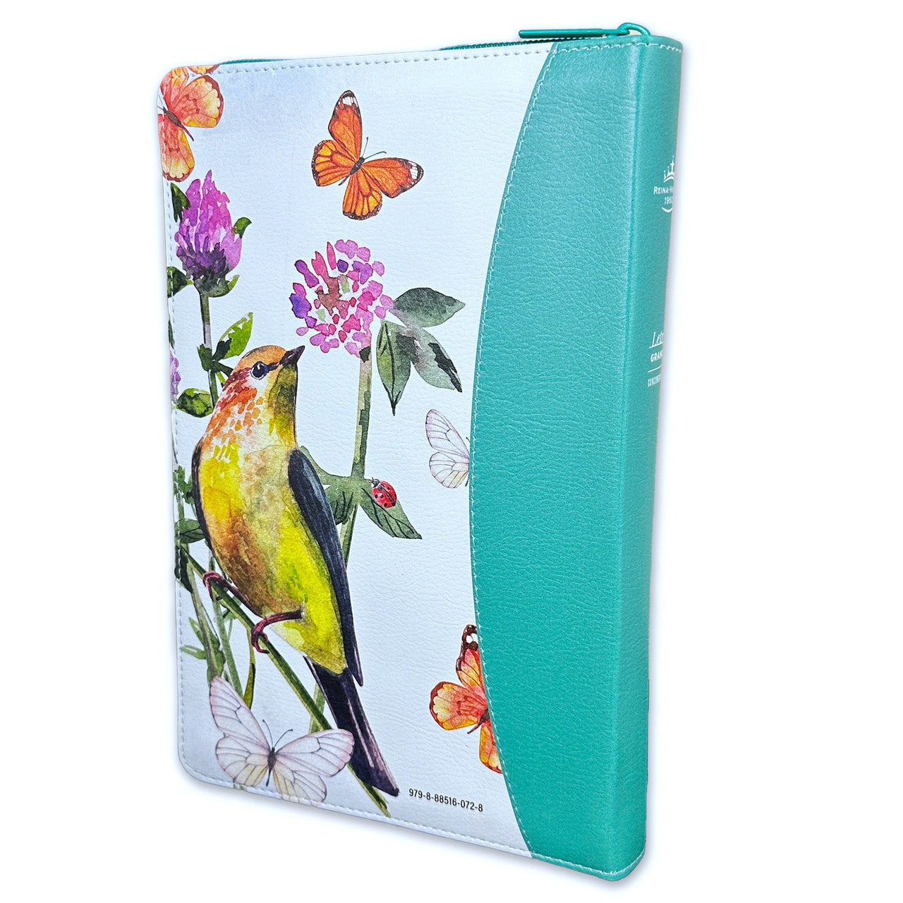 Biblia con Cierre  RV1960 imit. piel floral/mariposas turquesa con índice y canto floral, Grande