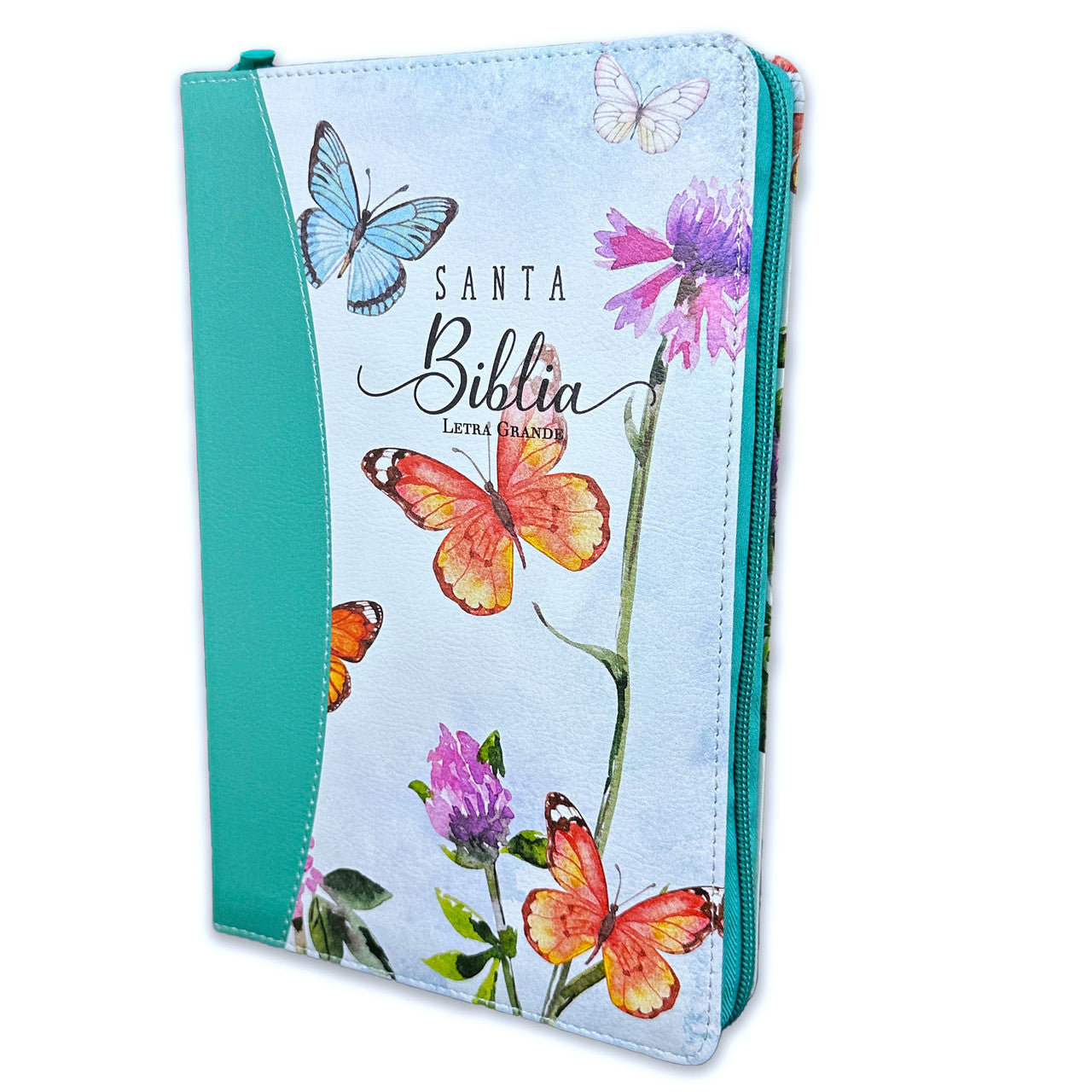 Biblia con Cierre  RV1960 imit. piel floral/mariposas turquesa con índice y canto floral, Grande