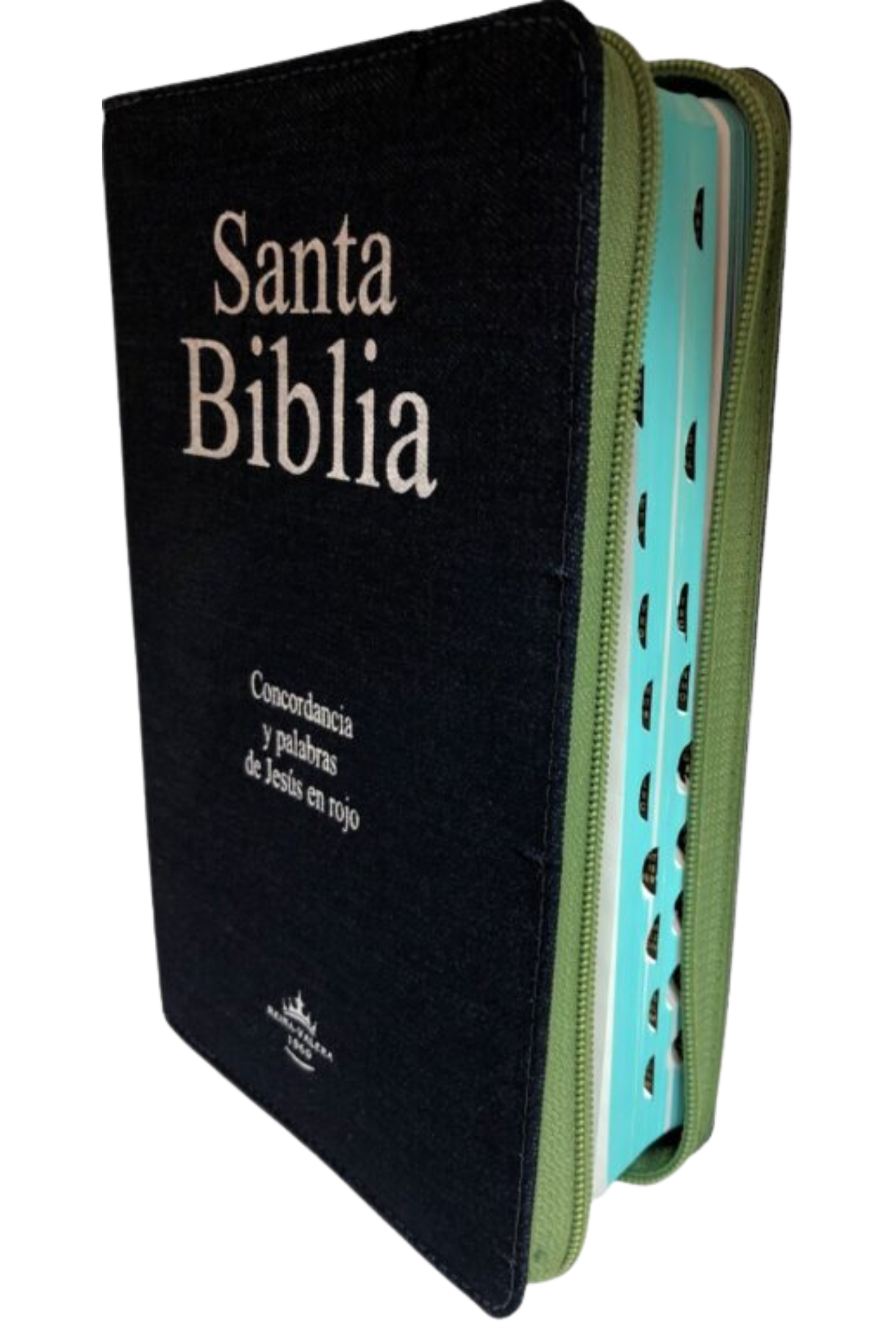 Biblia Reina Valera 1960 Tapa Jeans Acolchada Azul Oscuro, Cierre Verde, Canto Verde, con Indice