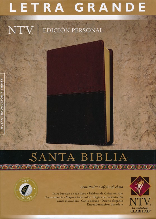 Biblia NTV de letra grande tamano manual senti piel cafe claro con indice