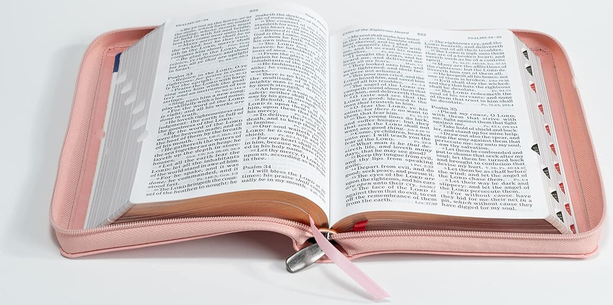 King James Version Holy Bible- Large Print- Personal Size- Deluxe Edition with Zipper- Thumb Index- Words of Christ in Red- Leathertouch with Pink Cover