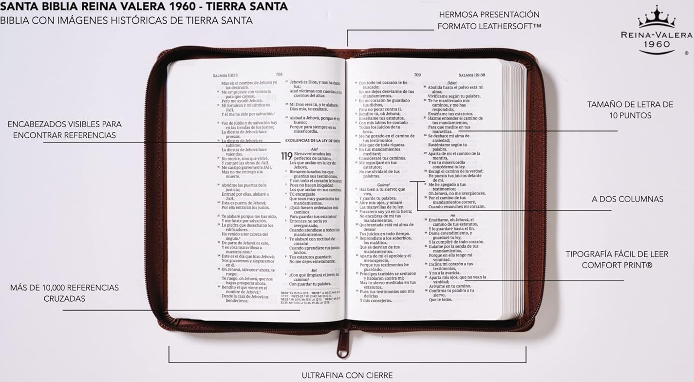 Biblia Reina-Valera 1960, Tierra Santa, Ultrafina letra grande, Leathersoft, Café, con cierre