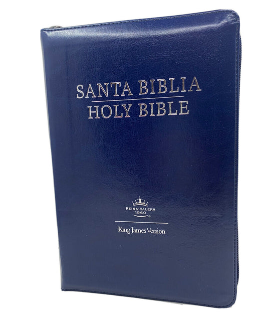 Biblia Bilingue Tamaño Manual RVR 1960 Azul Marino, Símil Piel Con Índice y Cierre