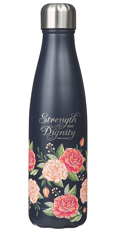 Strength & Dignity, Stainless Steel Water Bottle, Navy Floral