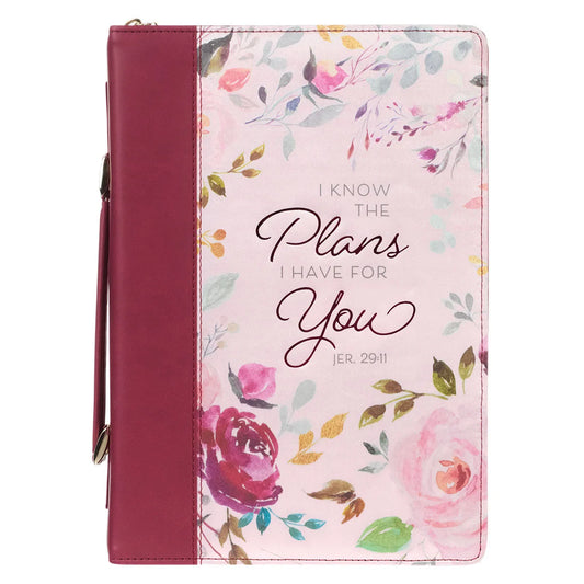 Bible Cover Medium: I Know the Plans I Have For You Maroon/Pink Floral (Jer. 29:11)