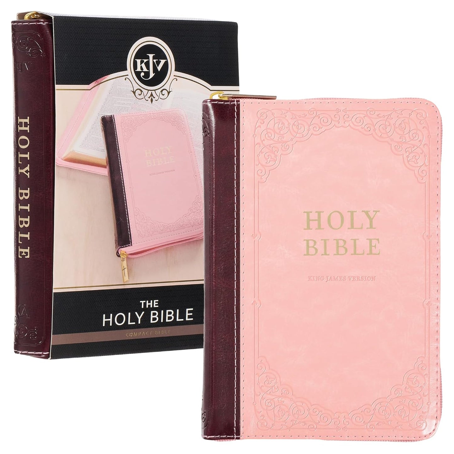 KJV Holy Bible, Compact Faux Leather Red Letter Edition - Ribbon Marker, King James Version, Pink/Burgundy, Zipper Closure