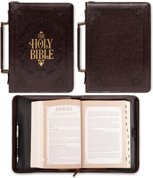 Funda clásica de cuero vegano para la Biblia para hombres y mujeres: Santa Biblia, asa de fácil transporte, con relieve, resistente con trabillas para bolígrafos