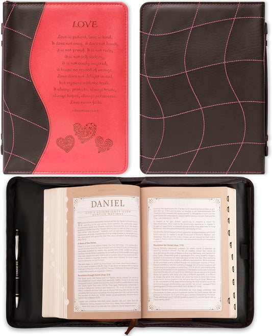 Christian Art Gifts Women's Fashion Bible Cover Love 1 Corinthians 13:4-8, Pink Faux Leather, Extra Large