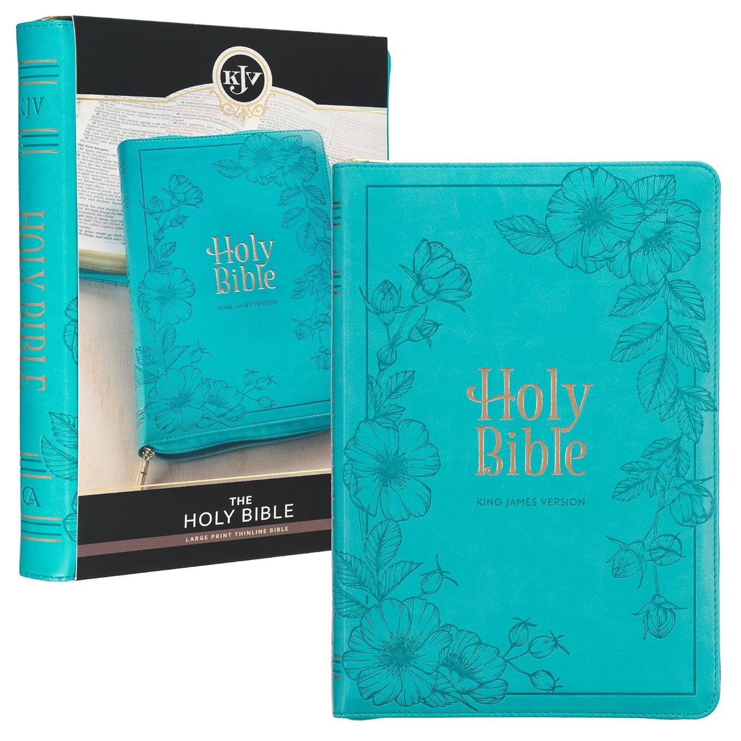 KJV Holy Bible, Thinline Large Print Faux Leather Red Letter Edition Thumb Index, Ribbon Marker, King James Version, Vibrant Teal, Zipper Closure