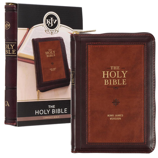 KJV Holy Bible, Compact Faux Leather Red Letter Edition - Ribbon Marker, King James Version, Burgundy/Saddle Tan, Zipper Closure (KJV Compact Bible)