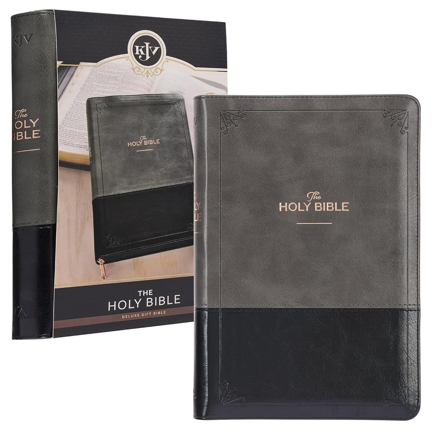 KJV Holy Bible Standard Size Faux Leather Red Letter Edition Thumb Index & Ribbon Marker, King James Version, Gray/Black, Zipper Closure