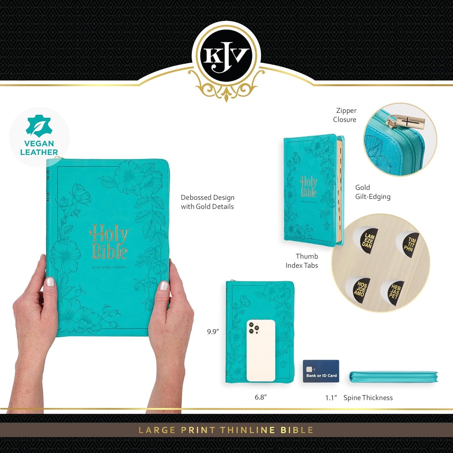 KJV Holy Bible, Thinline Large Print Faux Leather Red Letter Edition Thumb Index, Ribbon Marker, King James Version, Vibrant Teal, Zipper Closure