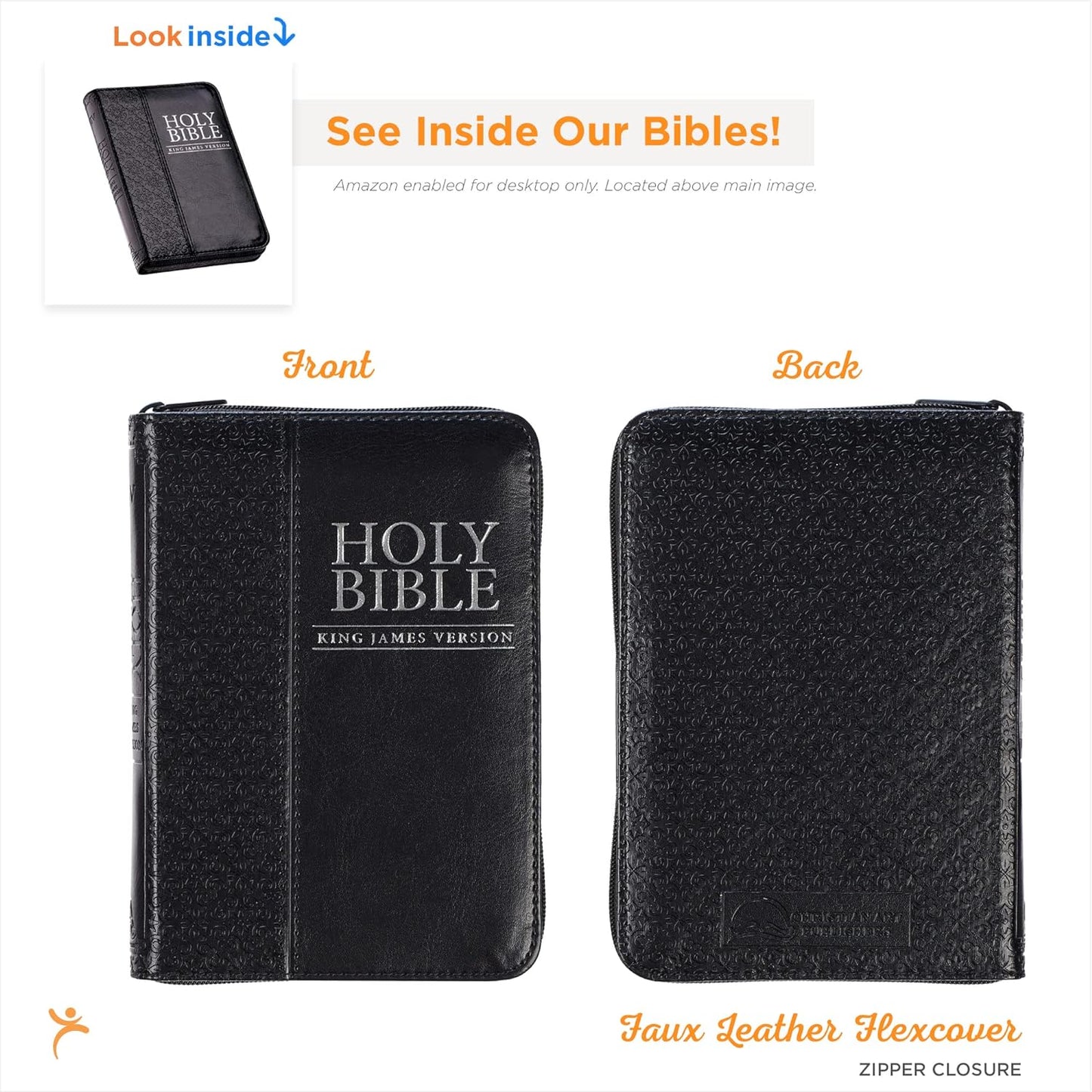 KJV Holy Bible, Mini Pocket Bible – Zippered Black Faux Leather Bible w/Ribbon Marker, King James Version