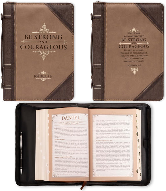 Funda clásica para la Biblia para hombre, Be Strong and Courageous, Joshua 1:9, piel sintética marrón, talla M