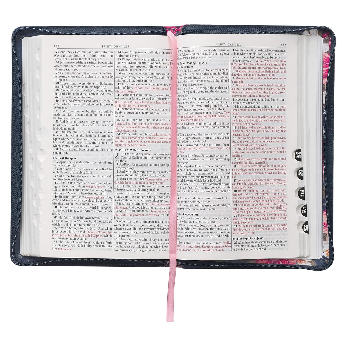 KJV Holy Bible Standard Size Faux Leather Red Letter Edition Thumb Index & Ribbon Marker, King James Version, Blue Floral, Zipper Closure