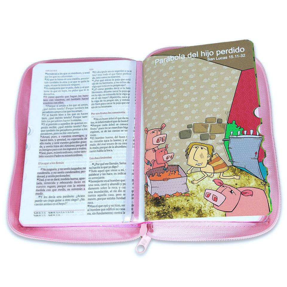 Biblia Ilustrada para Niños Compacta RV1960, imit. piel rosa con índice